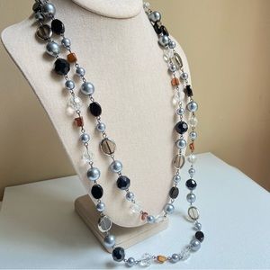Premier Designs glass shell acrylic mixed media beaded necklace in silvertone